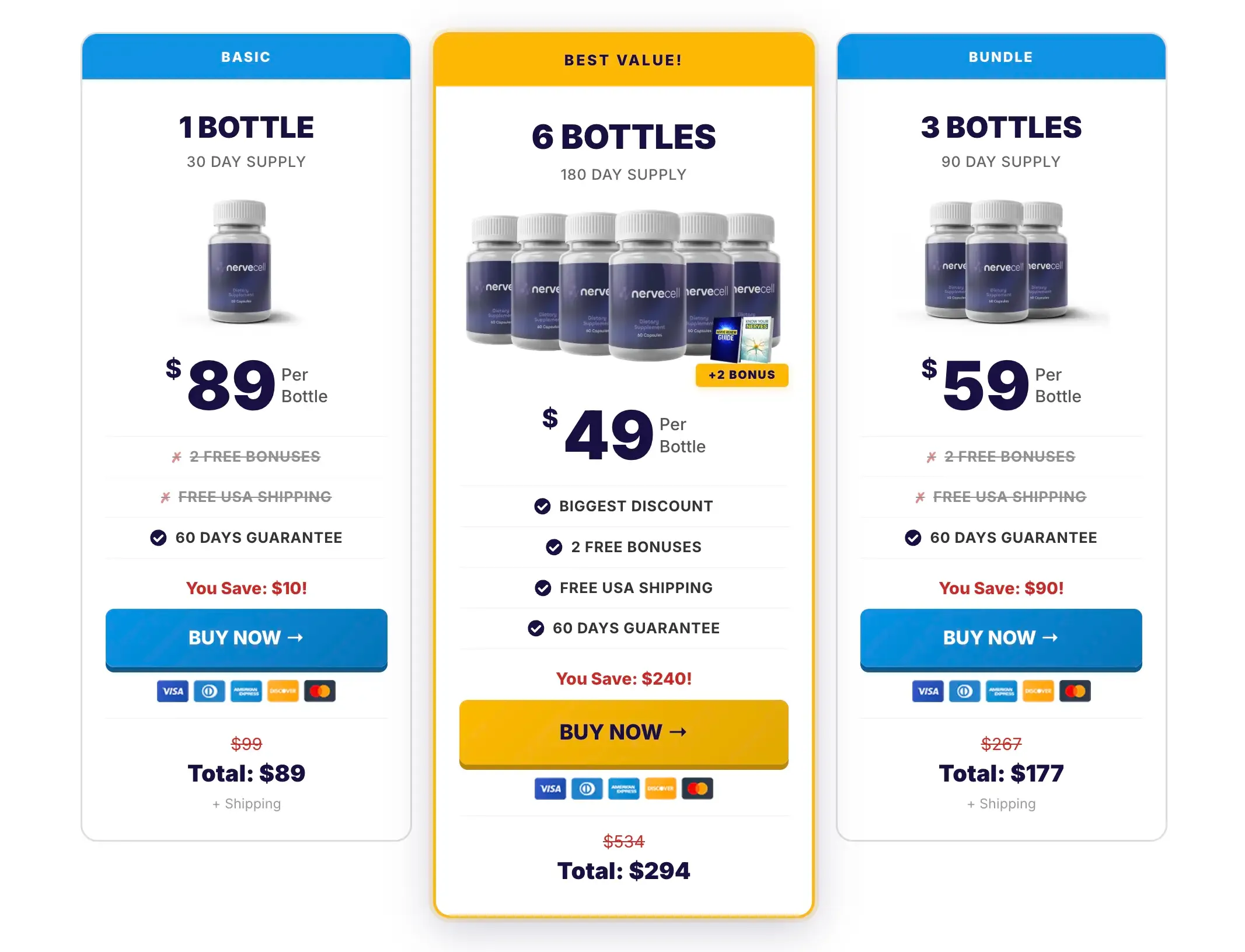 NerveCell pricing options - 1, 3, and 6 bottle packages